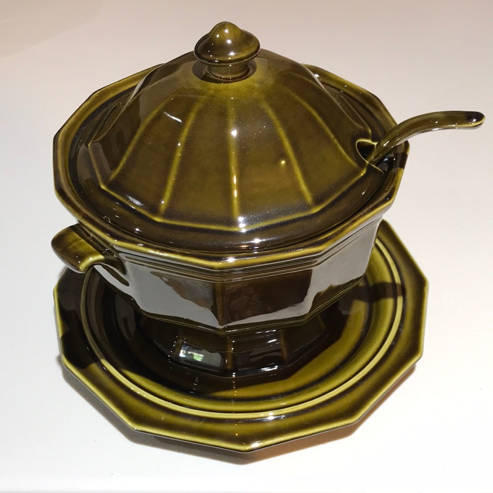 Olive Green Octagonal Ceramic Covered Sugar Bowl with Spoon